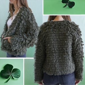 the GREAT.  Short Monster Shaggy Loop  Open cardigan In Army Green Sz 3 (Large)